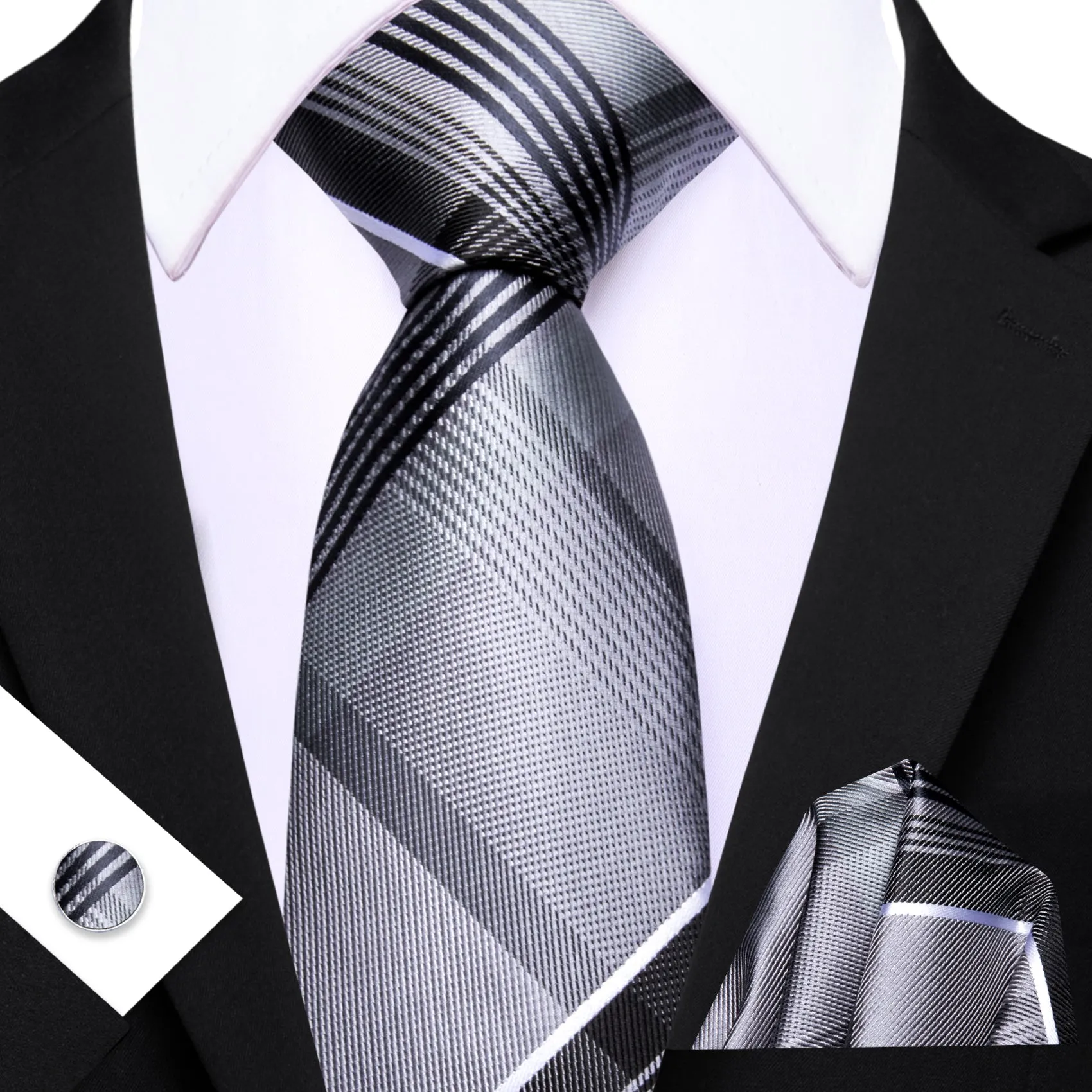 Barry. Wang Men's Necktie Silver Plaid Tie Handkerchief Cufflinks Set sold by Barrywang