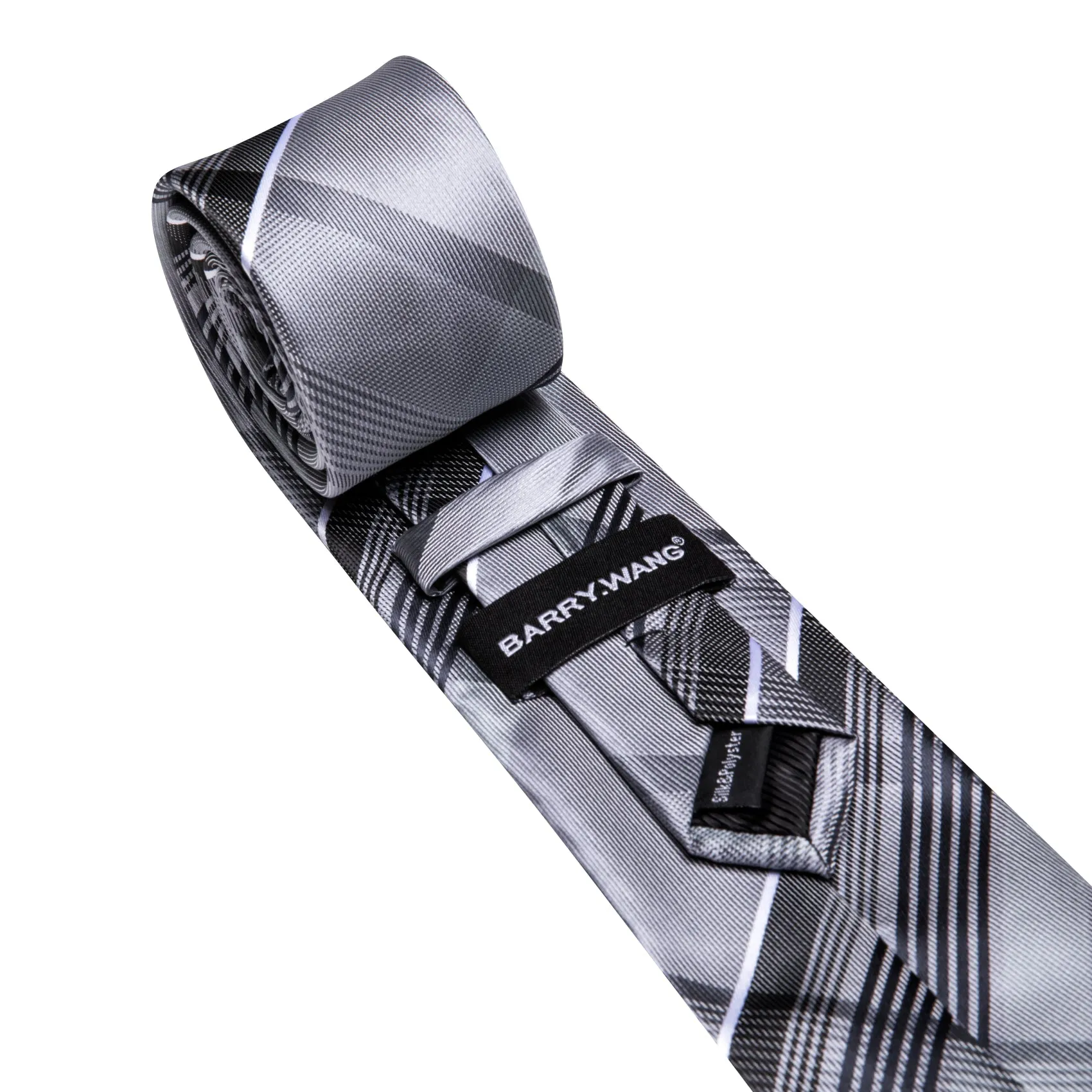 Barry. Wang Men's Necktie Silver Plaid Tie Handkerchief Cufflinks Set sold by Barrywang product image thumbnail 5