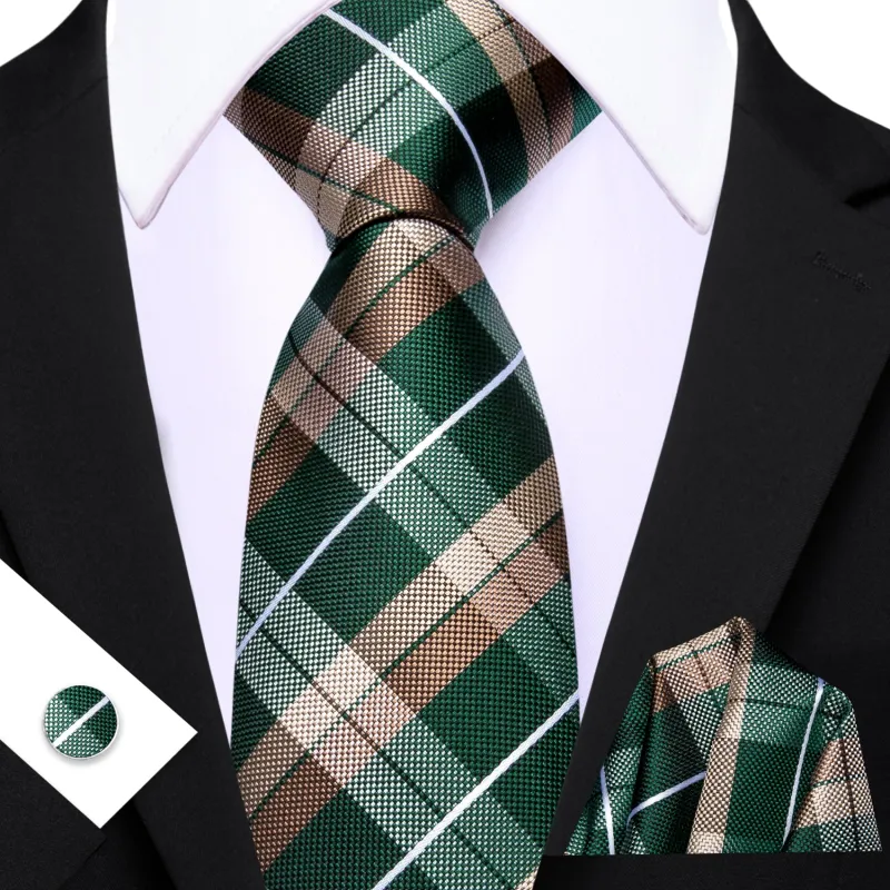 Barry. Wang Men's Necktie Green Brown  Plaid Tie Handkerchief Cufflinks Set sold by Barrywang