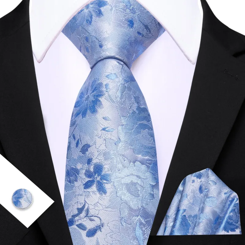 Barry. Wang Carolina Blue Floral Silk Men's Tie Handkerchief Cufflinks Set sold by Barrywang