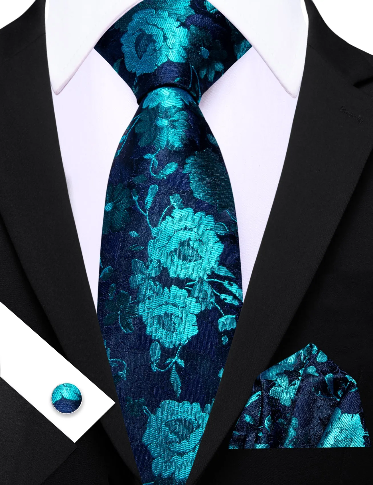 Barry. Wang Blue Necktie Turquoise Floral Silk Tie Handkerchief Cufflinks Set for Men sold by Barrywang product image thumbnail 2