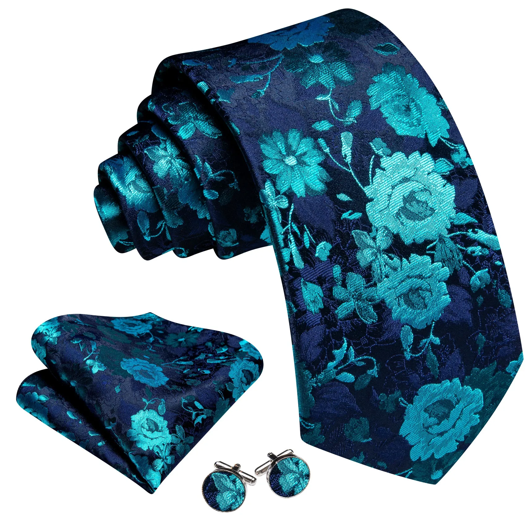 Barry. Wang Blue Necktie Turquoise Floral Silk Tie Handkerchief Cufflinks Set for Men sold by Barrywang product image thumbnail 3