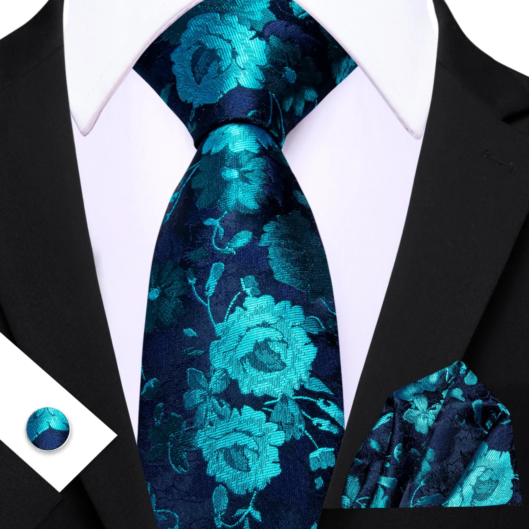 Barry. Wang Blue Necktie Turquoise Floral Silk Tie Handkerchief Cufflinks Set for Men sold by Barrywang