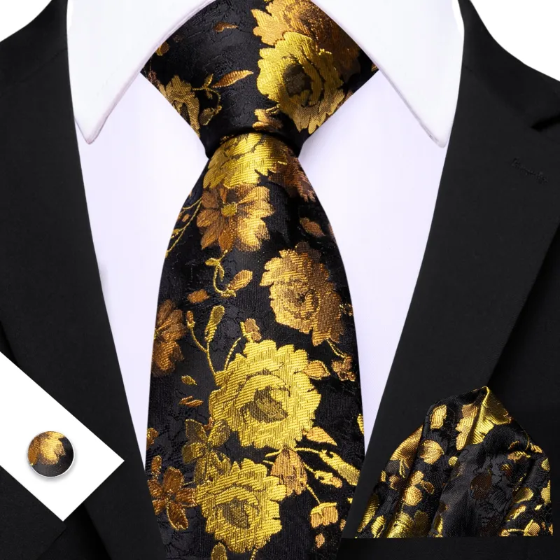 Barry. Wang Gold Floral Necktie Black Silk Tie Hanky Cufflinks Set for Party sold by Barrywang
