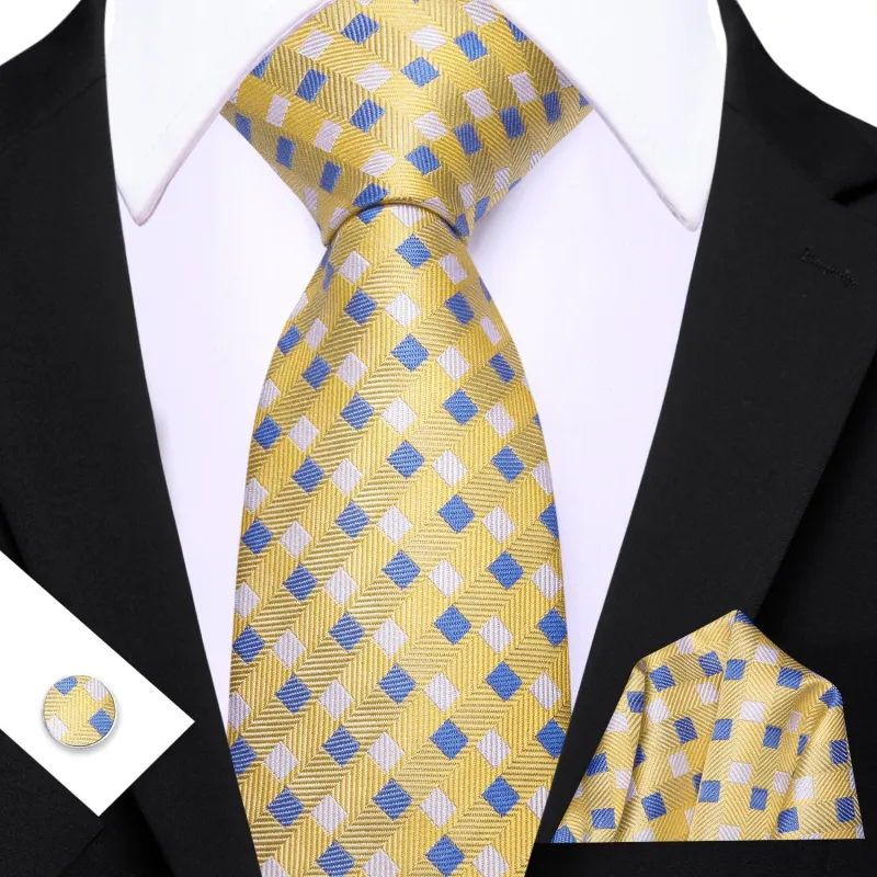 Barry. Wang Yellow Necktie  Blue Plaid Tie Handkerchief Cufflinks Set for Men sold by Barrywang