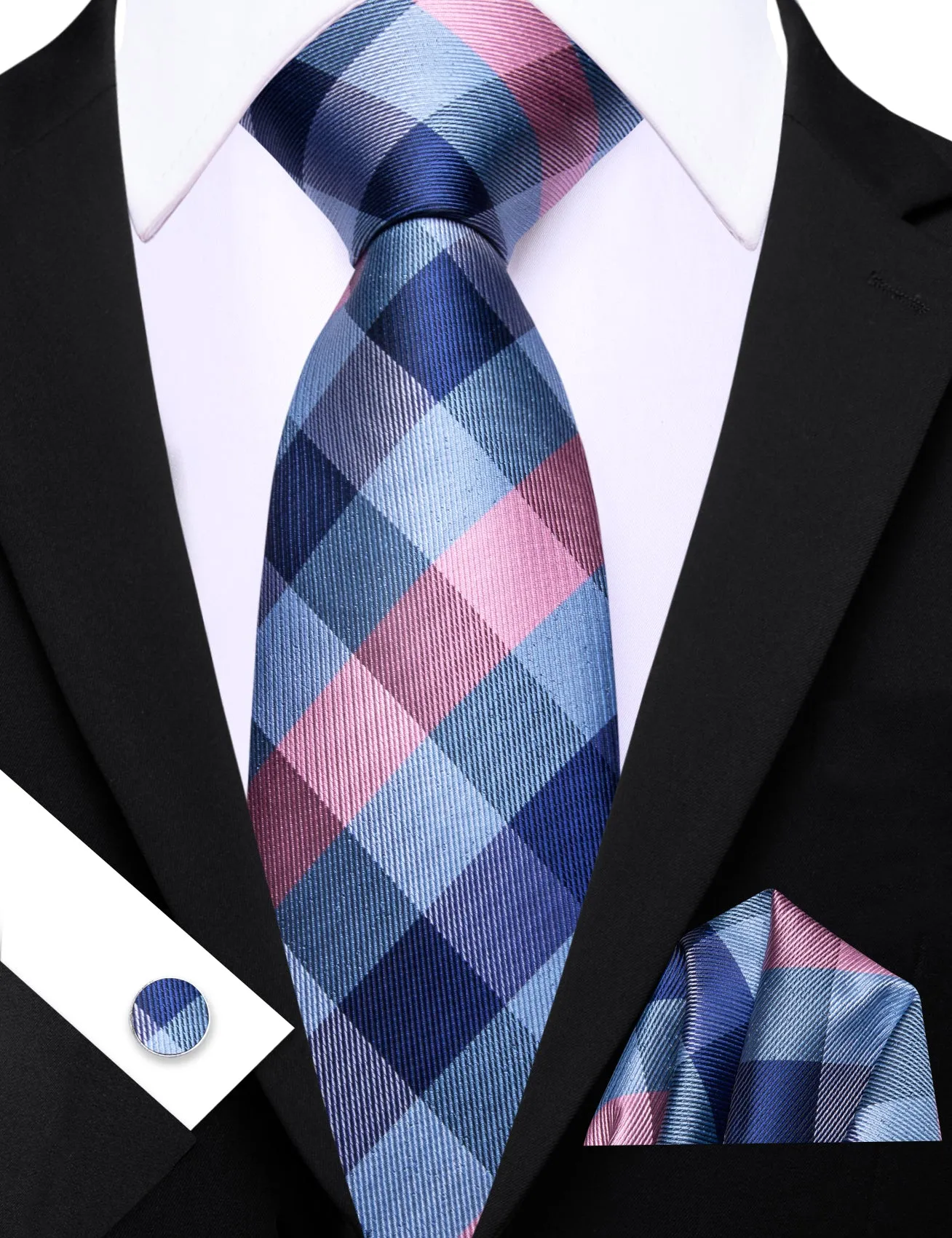 Barry. Wang Men's Necktie Blue Pink Plaid Tie Handkerchief Cufflinks Set sold by Barrywang product image thumbnail 2