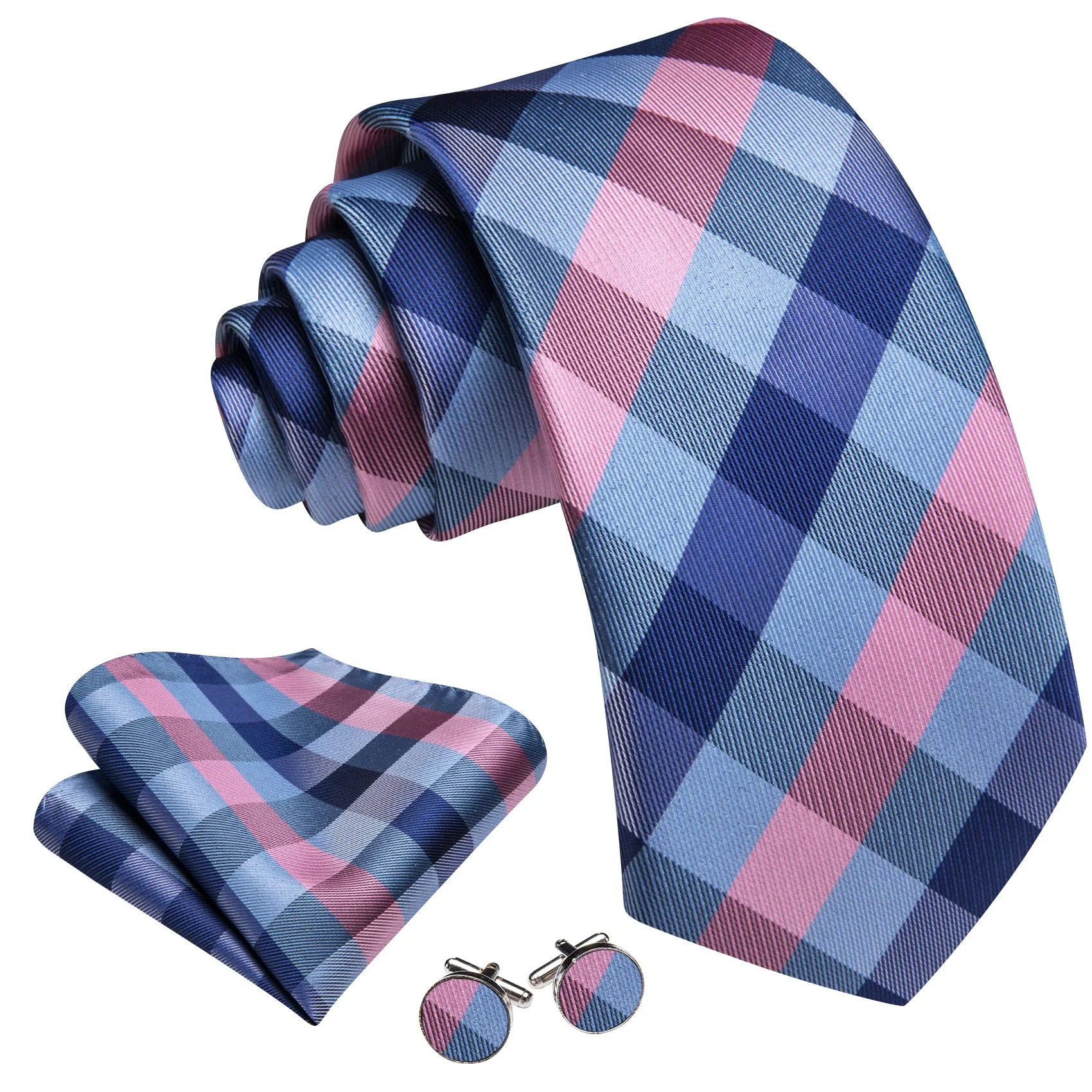 Barry. Wang Men's Necktie Blue Pink Plaid Tie Handkerchief Cufflinks Set sold by Barrywang product image thumbnail 3