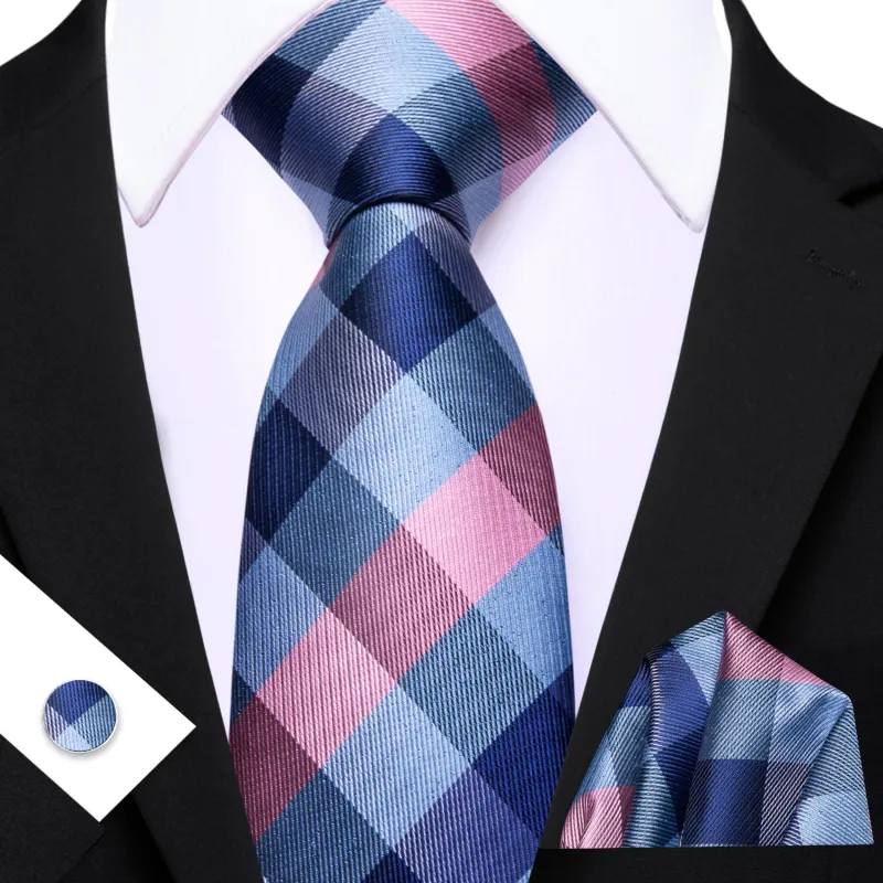 Barry. Wang Men's Necktie Blue Pink Plaid Tie Handkerchief Cufflinks Set sold by Barrywang