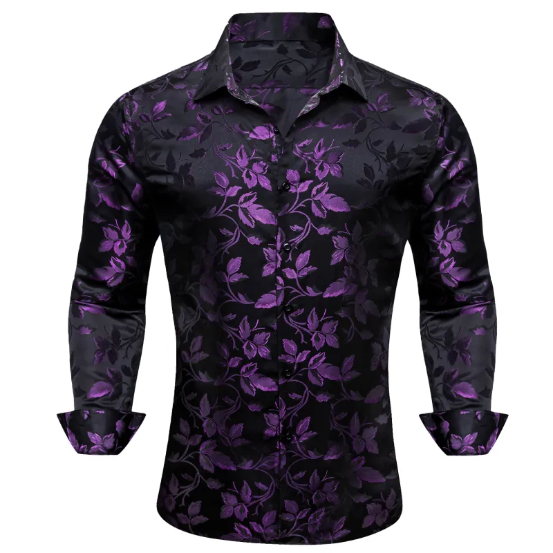 Barry. Wang Purple Black Floral Long Sleeve Button Down Shirt for Men sold by Barrywang