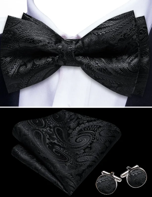 Barry. Wang Black Paisley Bowtie Floral Pre-tied Jacquard Men's Wedding Bow Tie Hanky Cufflinks Set sold by Barrywang