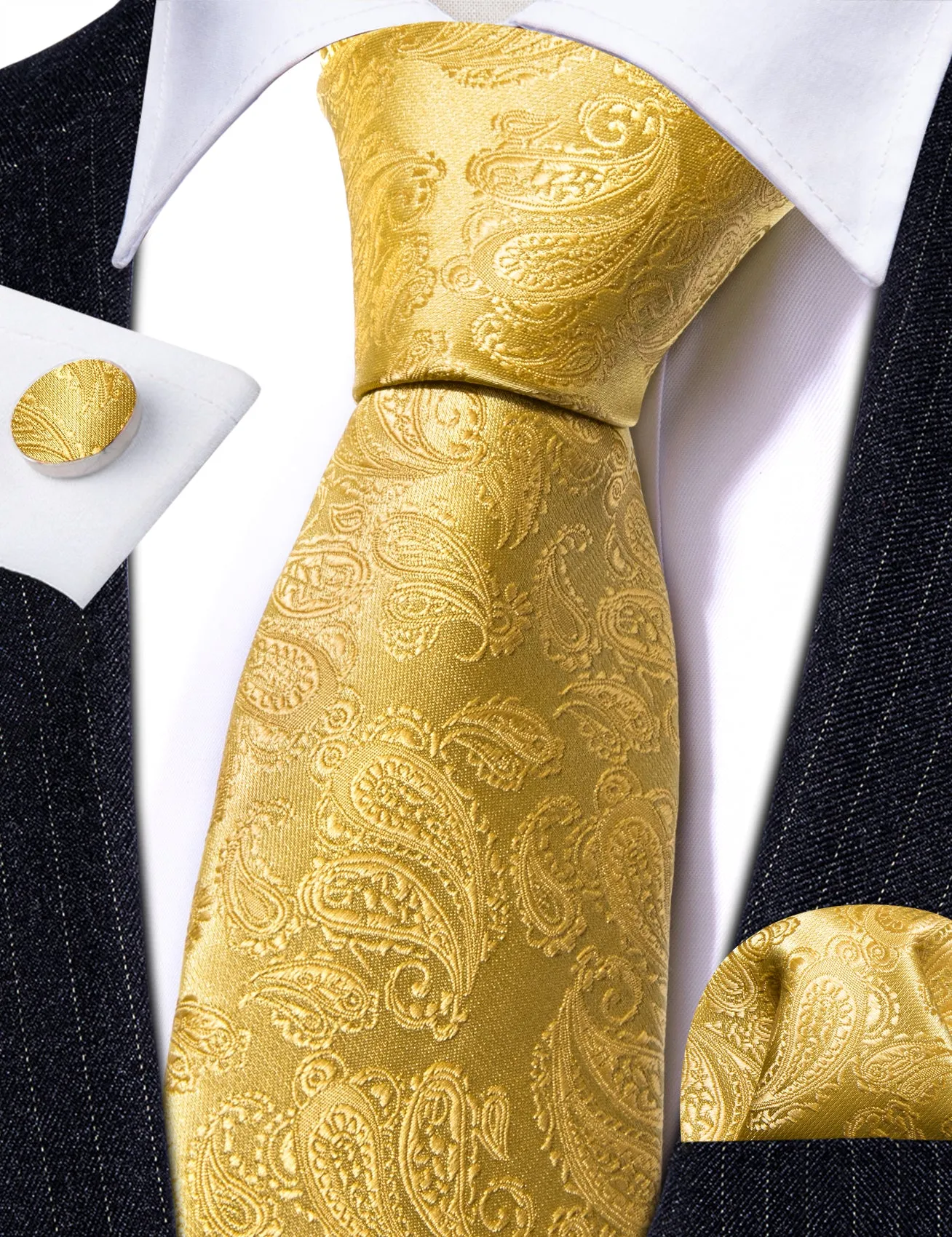 Barry. Wang Mens 63 Inches XL Ties Gold Paisley Silk Hanky Cufflinks Set sold by Barrywang product image thumbnail 2
