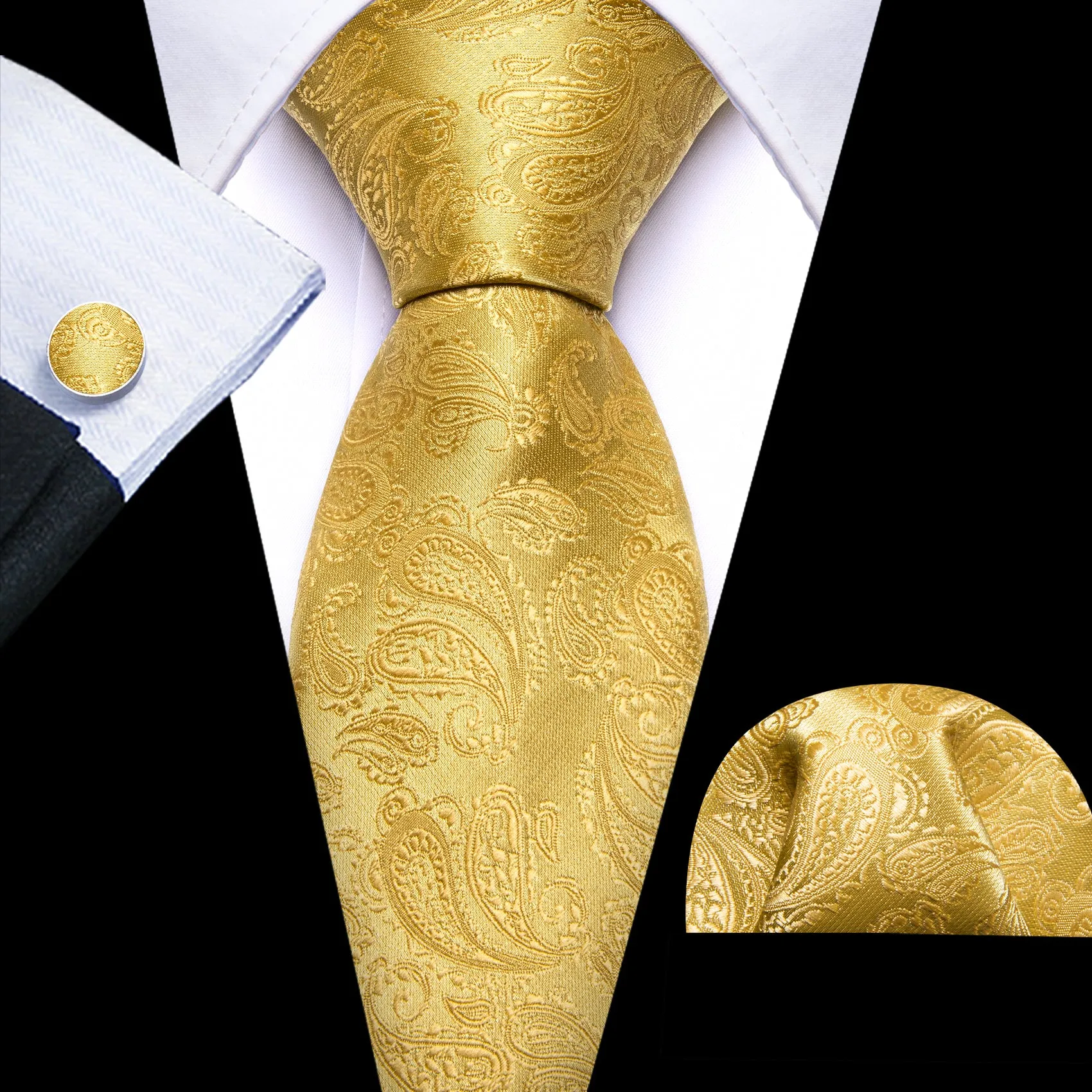 Barry. Wang Mens 63 Inches XL Ties Gold Paisley Silk Hanky Cufflinks Set sold by Barrywang