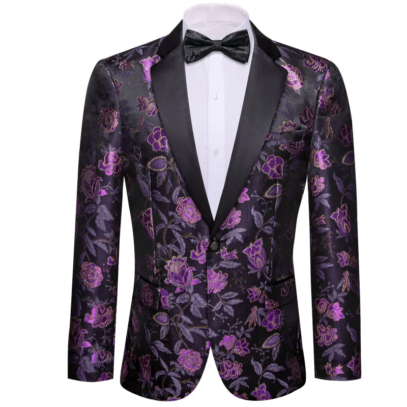 Barry. Wang Men's Purple Floral Banquet Suit One Button Notch-Lapel Jacquard Wedding Tuxedos sold by Barrywang