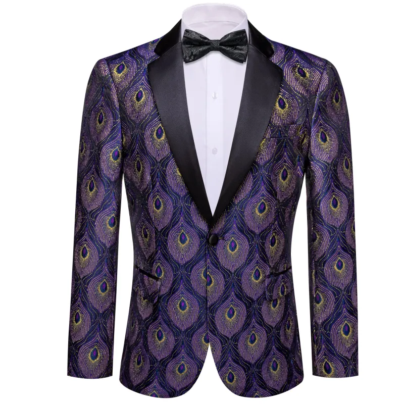 Barry. Wang Men's Purple Peacock Pattern Banquet Suit One Button Notch-Lapel Jacquard Wedding Tuxedos sold by Barrywang