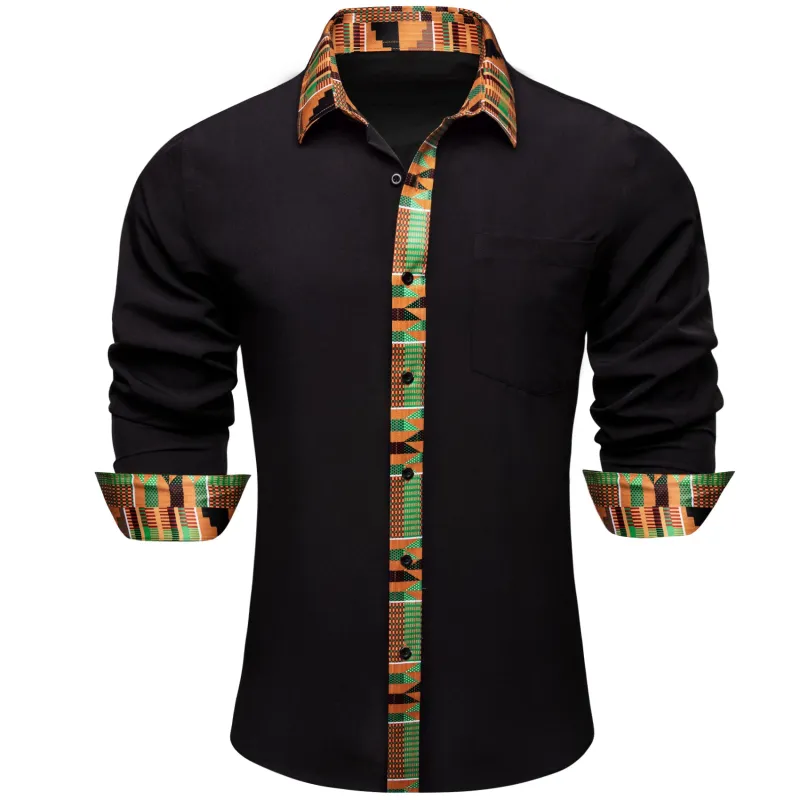 Barry. Wang Black Yellow Patchwork Shirt Mens Silk Long Sleeve Button Down Novelty Shirt sold by Barrywang