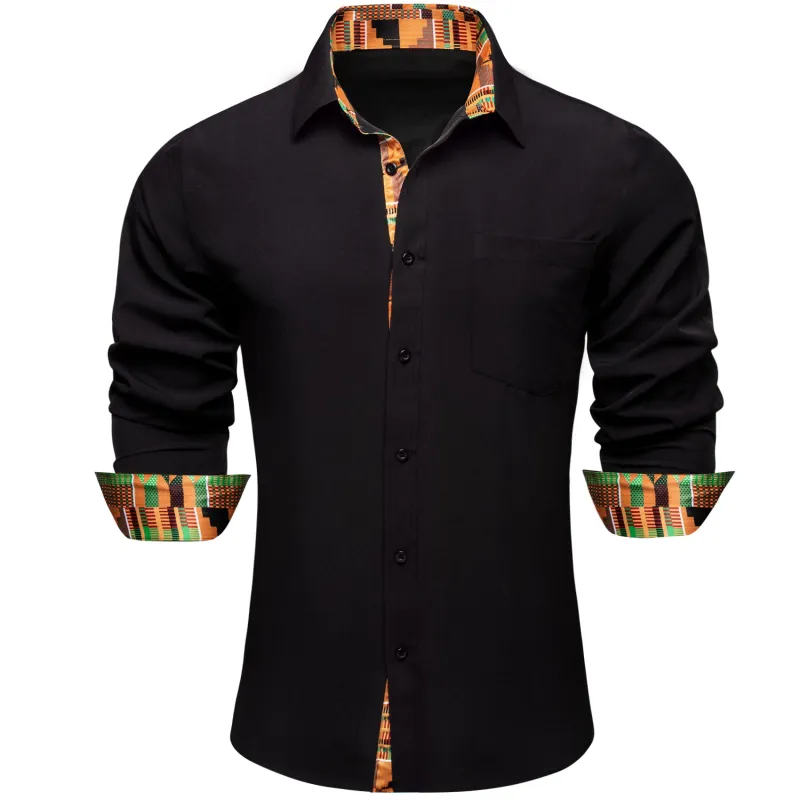 Barry. Wang Black Yellow Splicing Shirt Mens Silk Long Sleeve Button Down Novelty Shirt sold by Barrywang