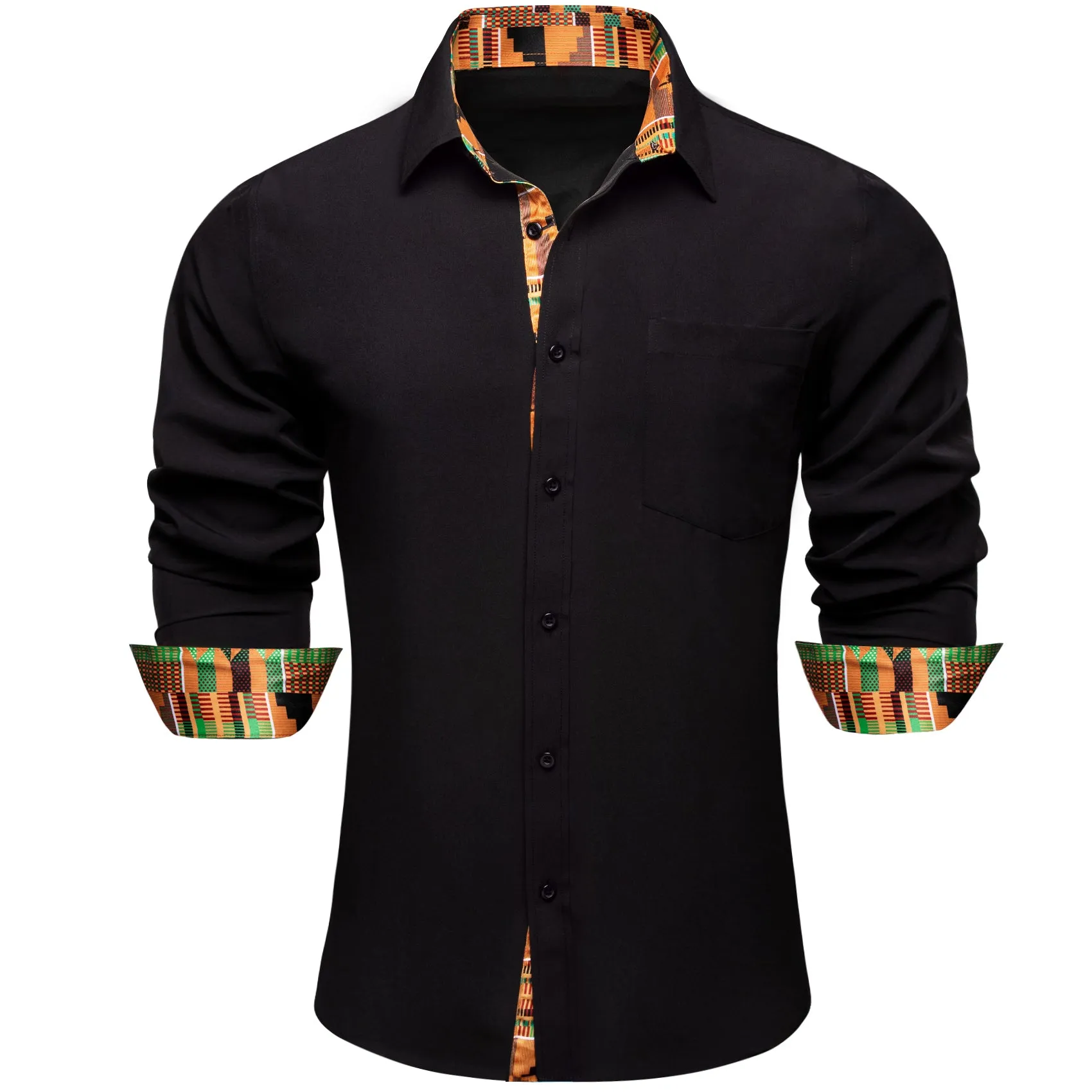 Barry. Wang Black Yellow Splicing Shirt Mens Silk Long Sleeve Button Down Novelty Shirt sold by Barrywang