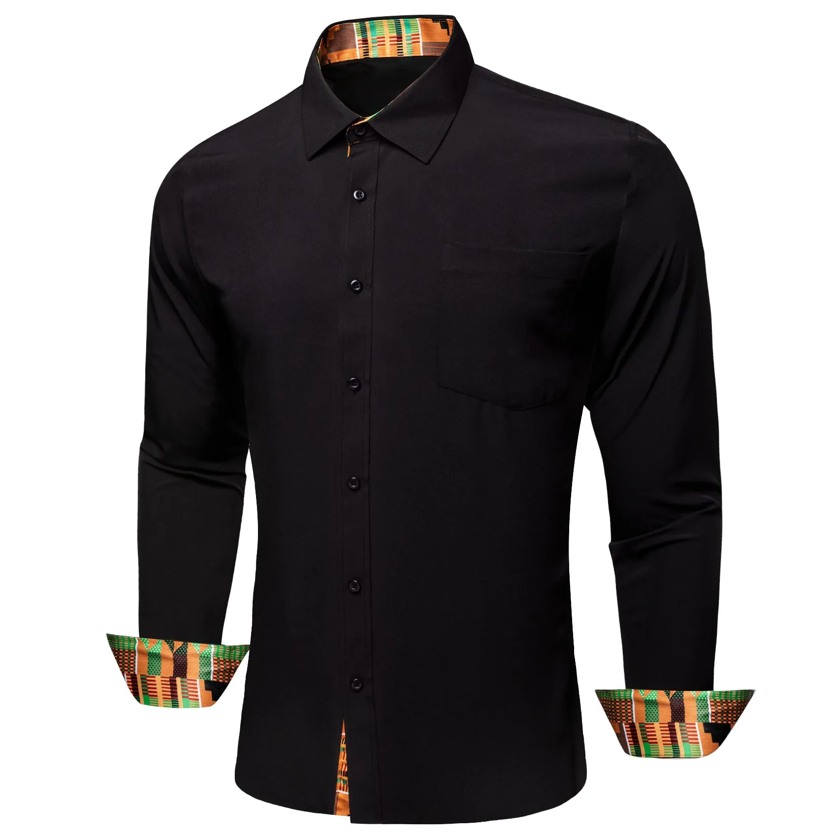 Barry. Wang Black Yellow Splicing Shirt Mens Silk Long Sleeve Button Down Novelty Shirt sold by Barrywang product image thumbnail 2