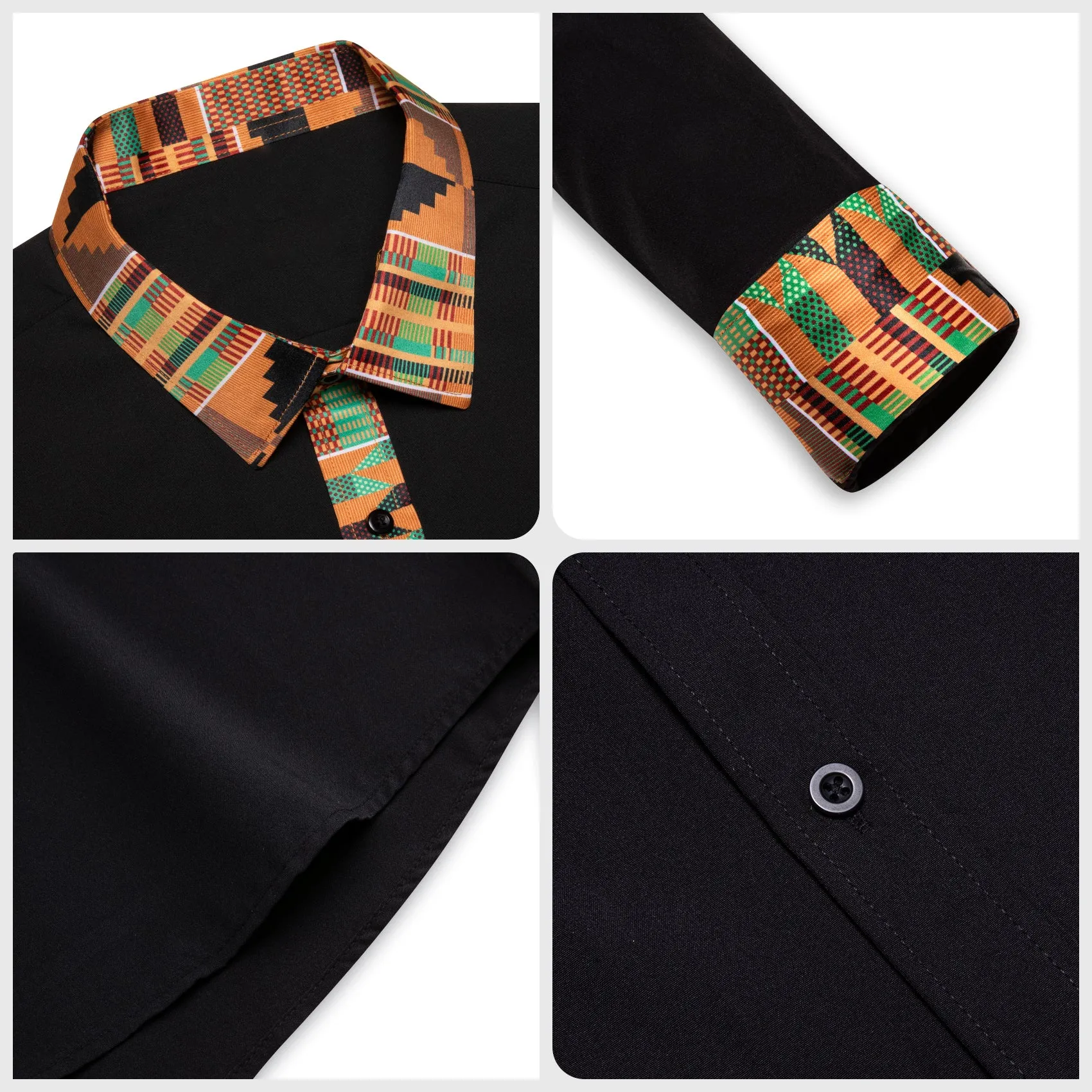 Barry. Wang Black Yellow Splicing Shirt Mens Silk Long Sleeve Button Down Novelty Shirt sold by Barrywang product image thumbnail 4