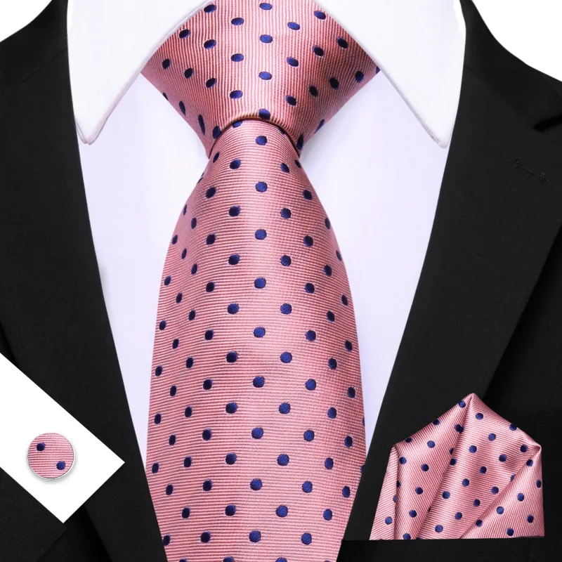 Barry. Wang Pink Blue Polka Dot Tie Handkerchief Cufflinks Set for Men sold by Barrywang