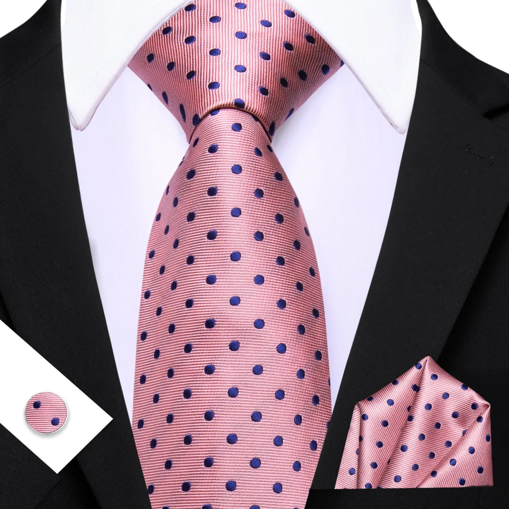 Barry. Wang Pink Blue Polka Dot Tie Handkerchief Cufflinks Set for Men sold by Barrywang