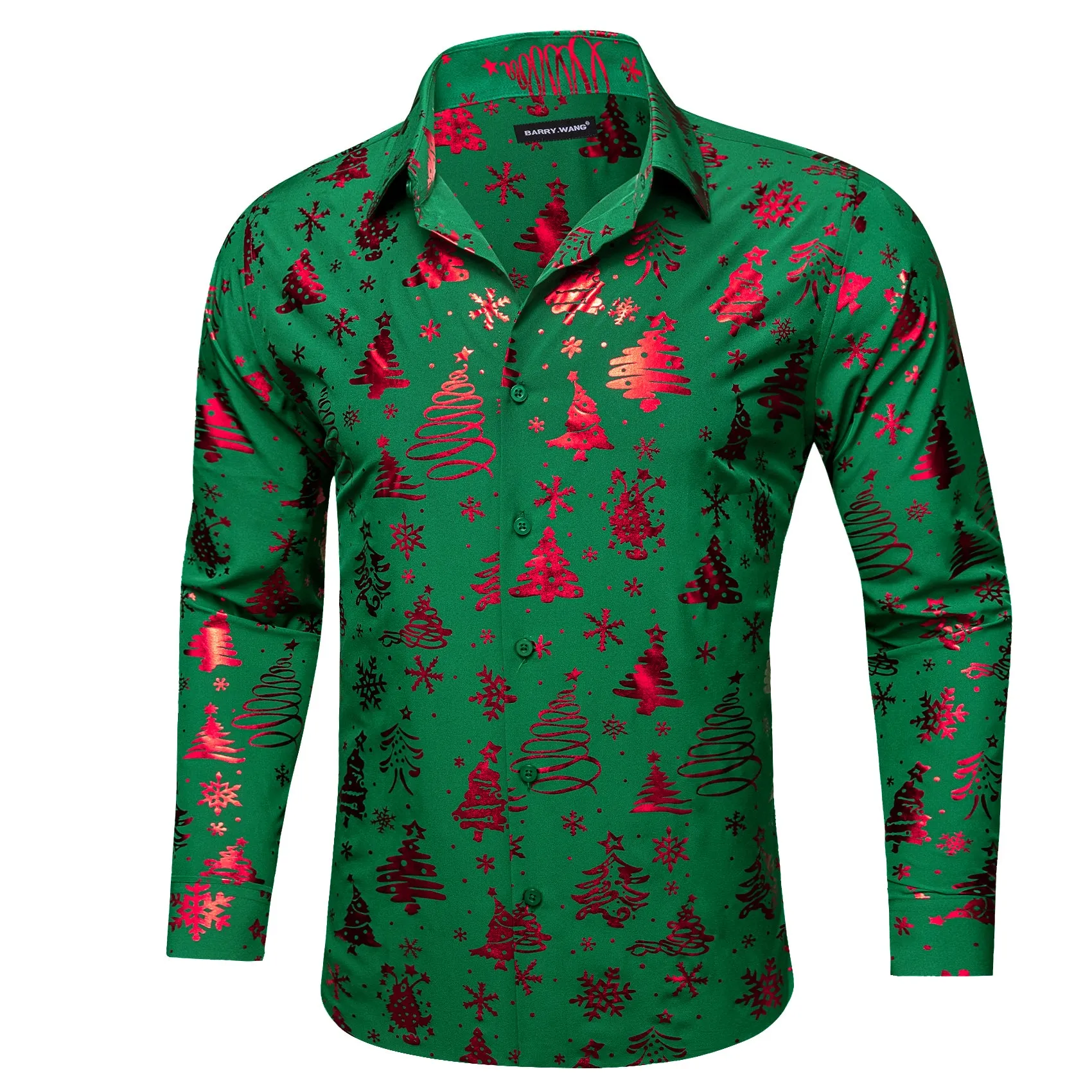 Barry. Wang Christmas Hunter Green Red Xmas Pattern Silk Mens Shirt sold by Barrywang product image thumbnail 3