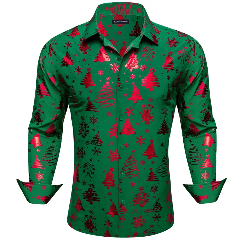Barry. Wang Christmas Hunter Green Red Xmas Pattern Silk Mens Shirt sold by Barrywang