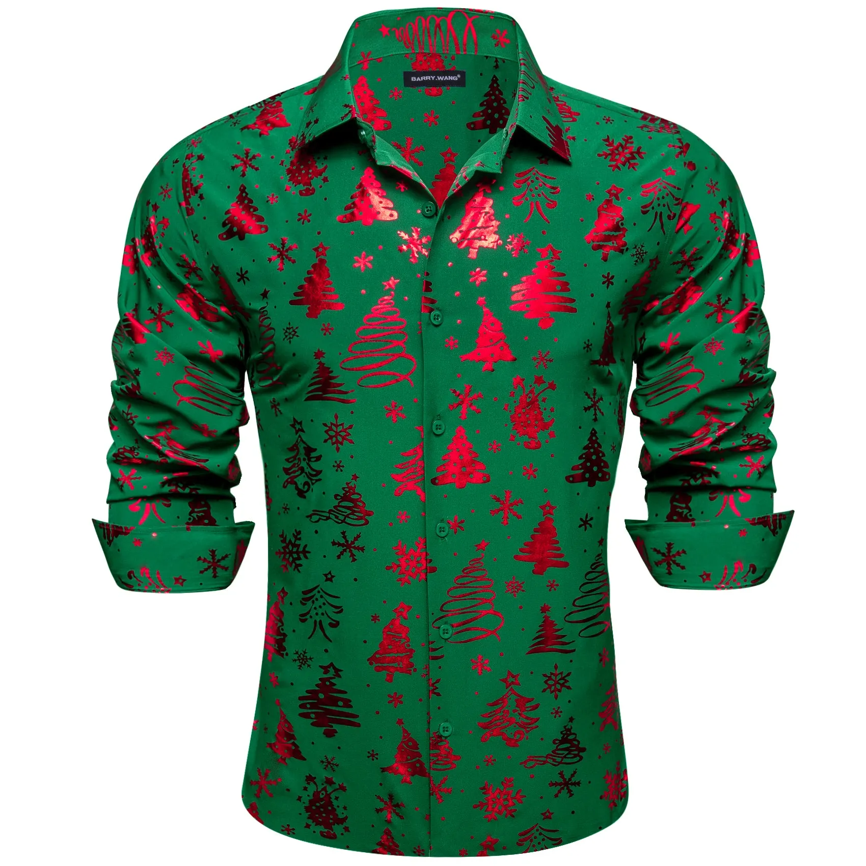 Barry. Wang Christmas Hunter Green Red Xmas Pattern Silk Mens Shirt sold by Barrywang product image thumbnail 2