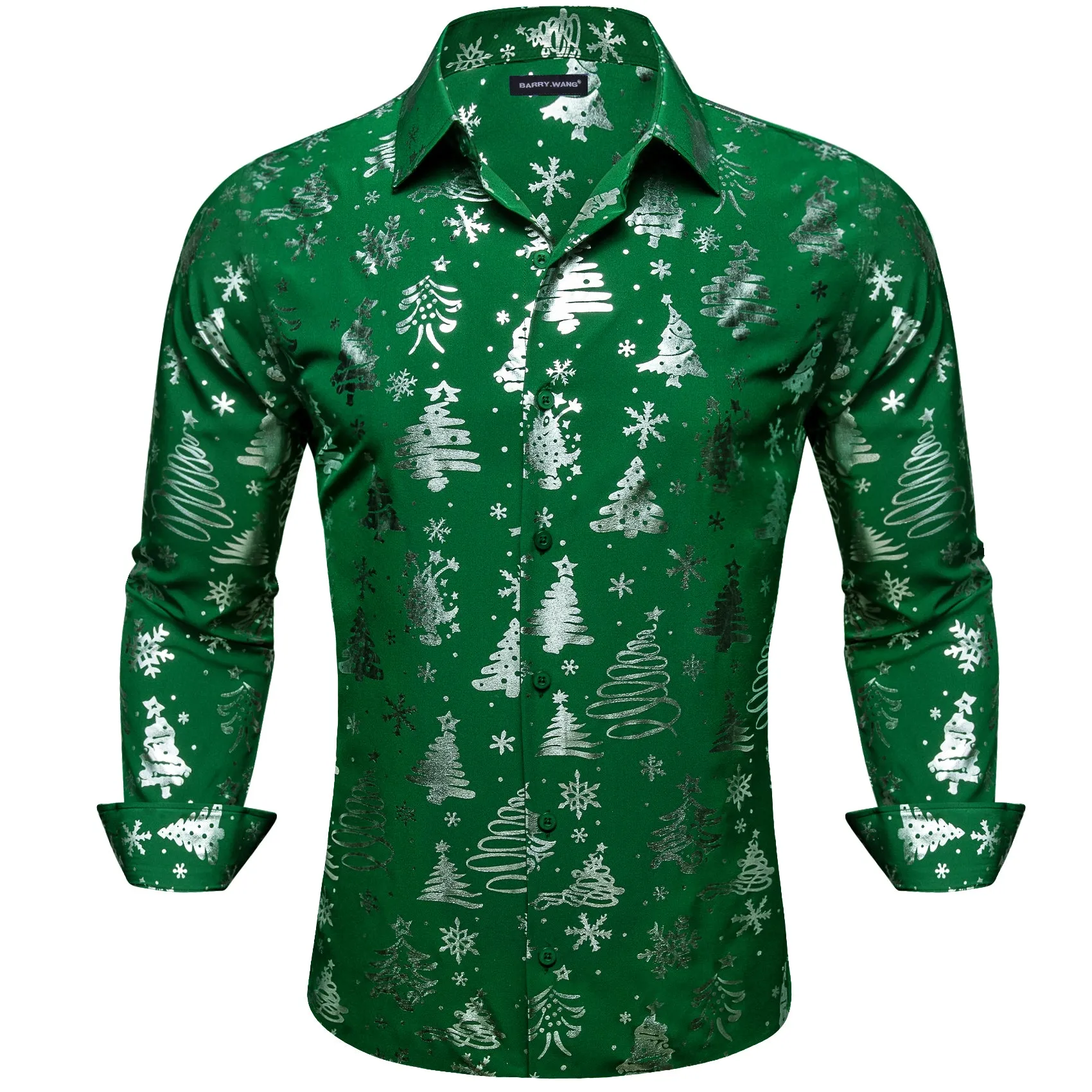 Barry. Wang Christmas Hunter Green White Xmas Pattern Silk Mens Shirt sold by Barrywang