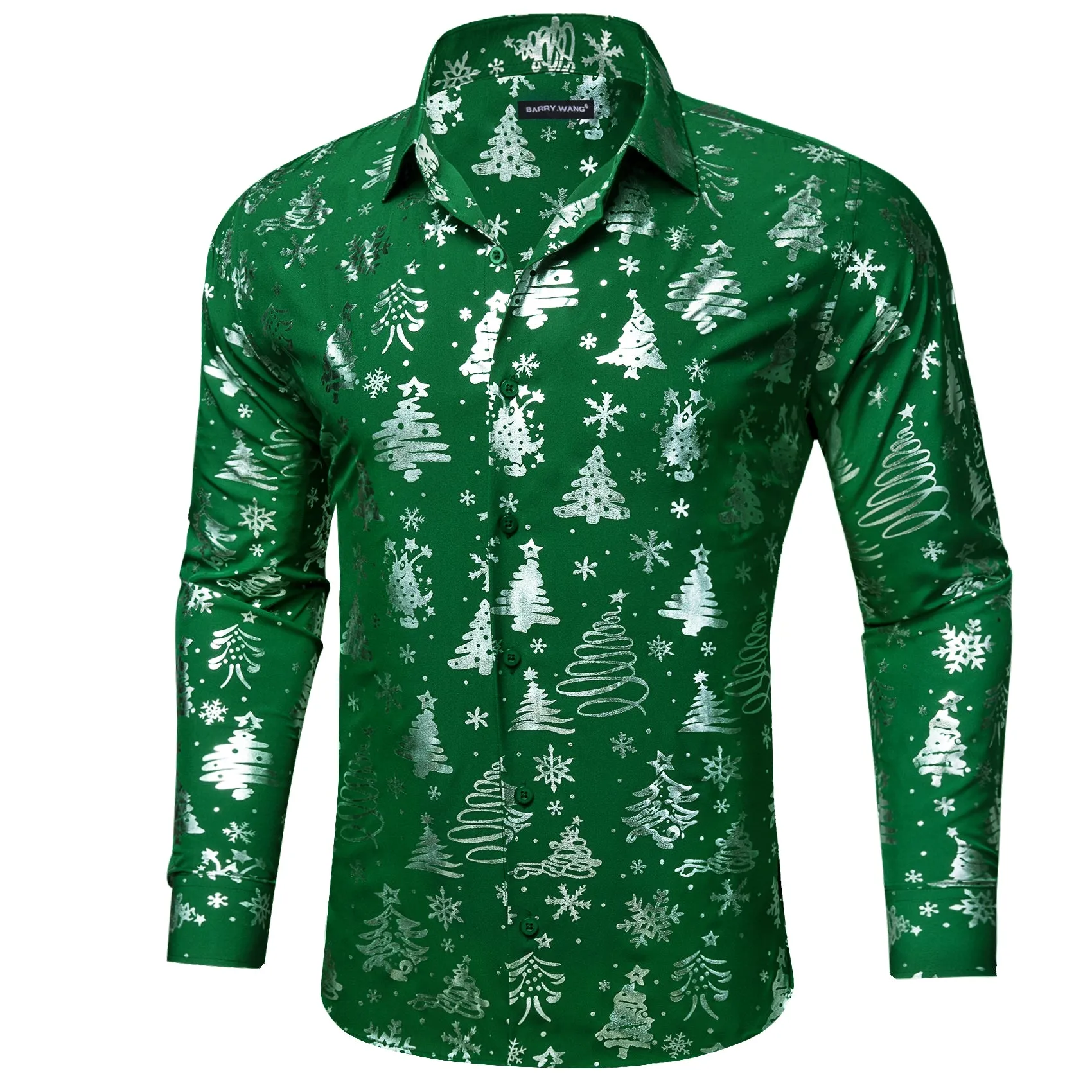 Barry. Wang Christmas Hunter Green White Xmas Pattern Silk Mens Shirt sold by Barrywang product image thumbnail 3