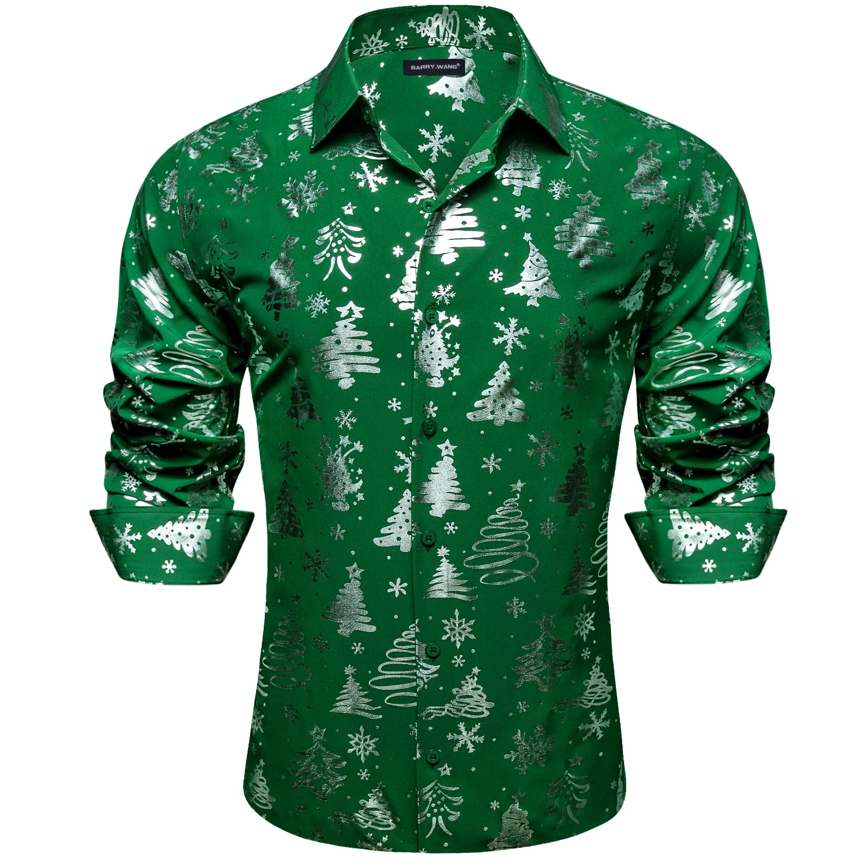 Barry. Wang Christmas Hunter Green White Xmas Pattern Silk Mens Shirt sold by Barrywang product image thumbnail 2