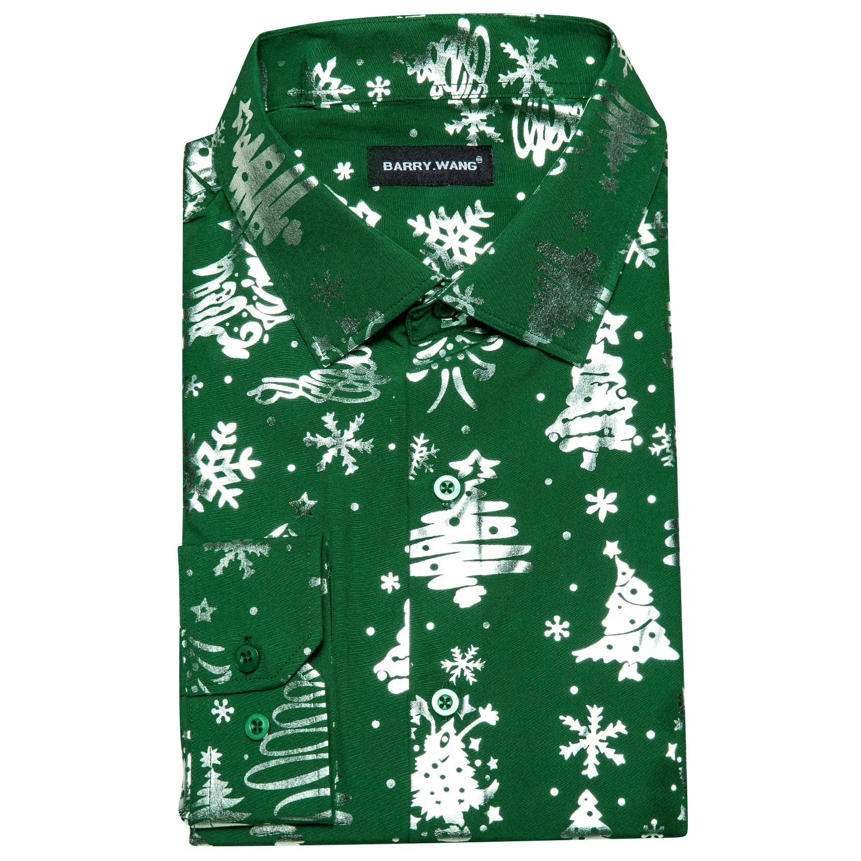 Barry. Wang Christmas Hunter Green White Xmas Pattern Silk Mens Shirt sold by Barrywang product image thumbnail 5