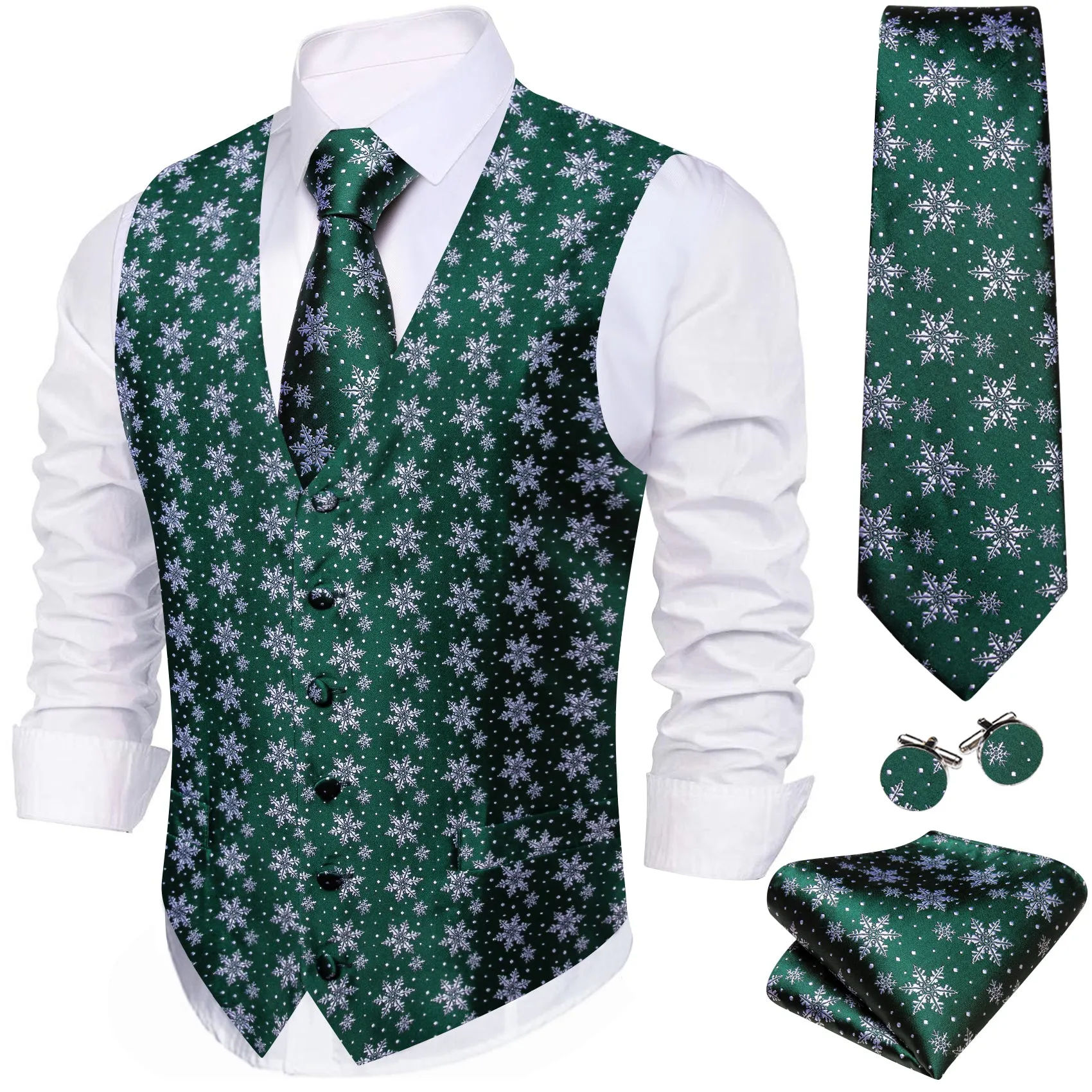 Barry. Wang Christmas Green White Xmas Snowflake Waistcoat Vest Tie Hanky Cufflinks Set sold by Barrywang product image thumbnail 3