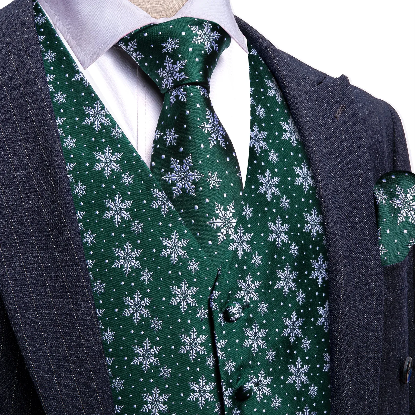Barry. Wang Christmas Green White Xmas Snowflake Waistcoat Vest Tie Hanky Cufflinks Set sold by Barrywang