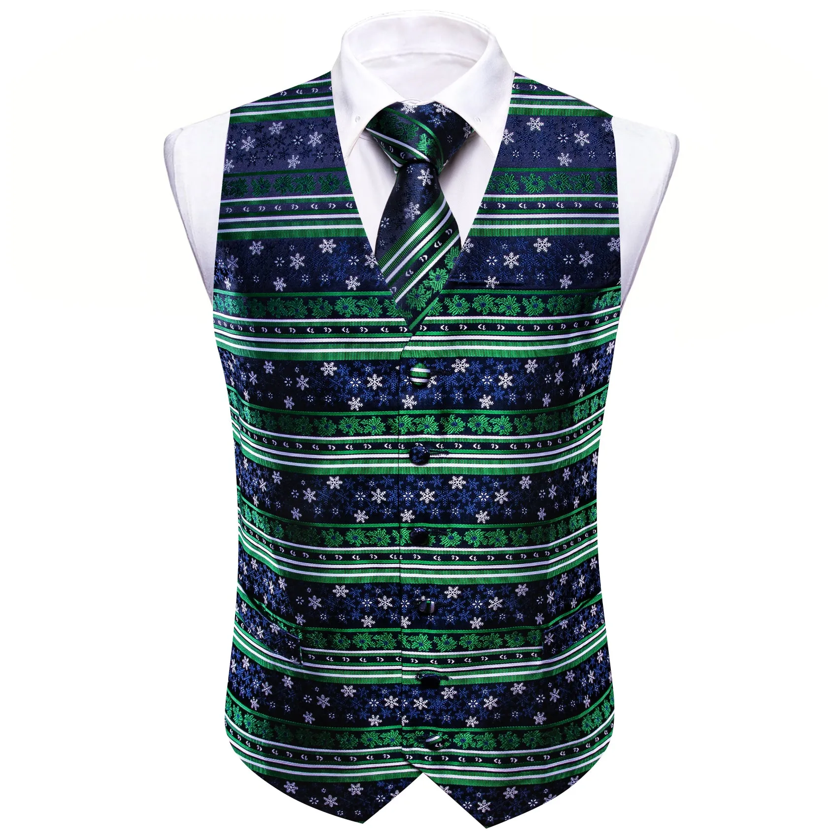 Barry. Wang Navy Green Christmas Element Silk Tie Waistcoat Vest Hanky Cufflinks Set sold by Barrywang product image thumbnail 2