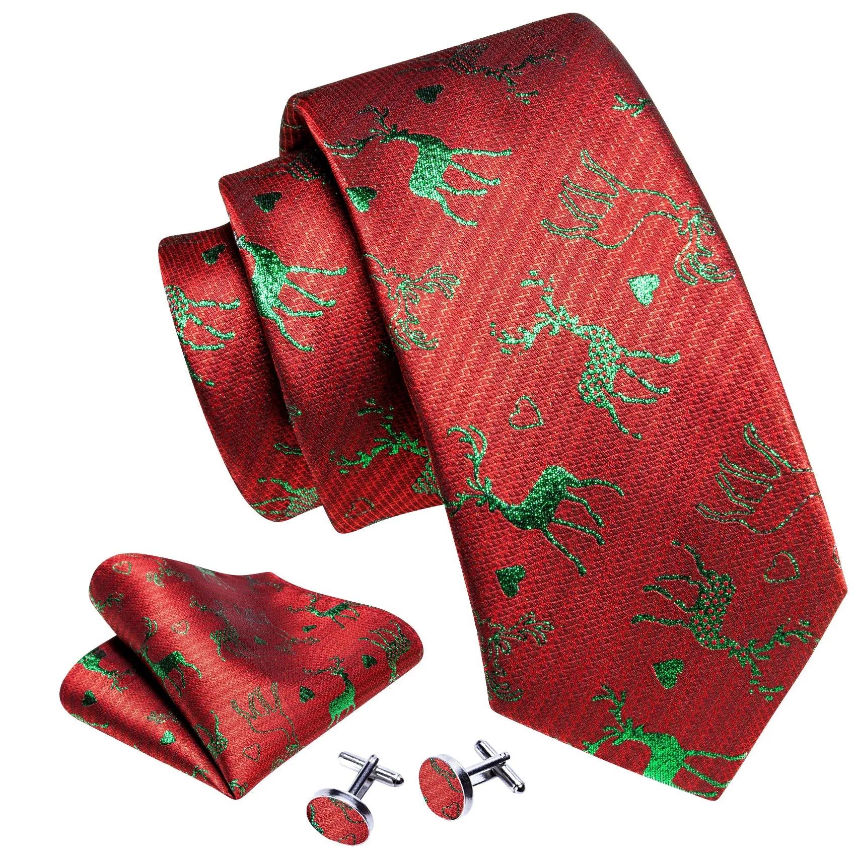 Barry. Wang Christmas Red Necktie Green Reindeer Silk Tie Hanky Cufflinks Set sold by Barrywang product image thumbnail 2