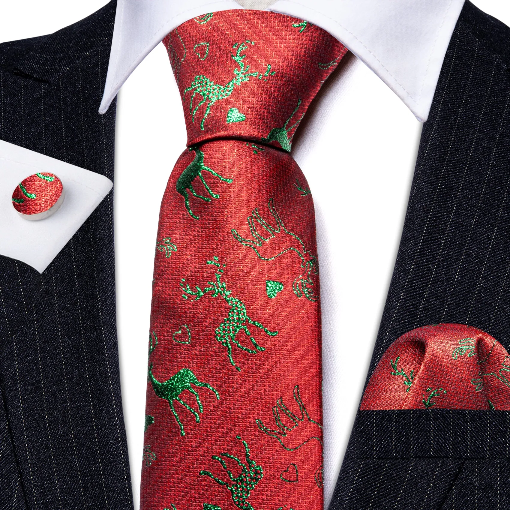 Barry. Wang Christmas Red Necktie Green Reindeer Silk Tie Hanky Cufflinks Set sold by Barrywang product image thumbnail 3