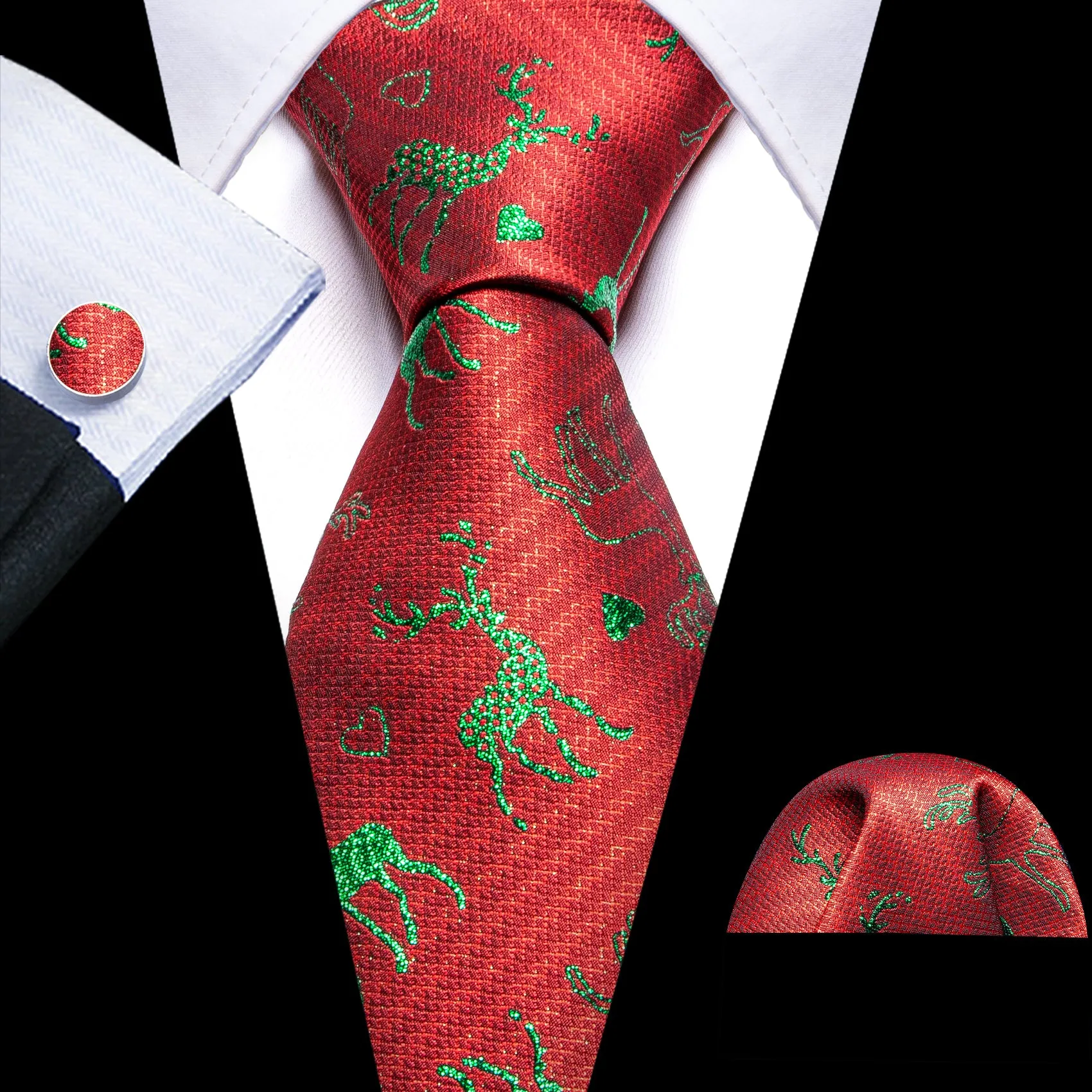 Barry. Wang Christmas Red Necktie Green Reindeer Silk Tie Hanky Cufflinks Set sold by Barrywang