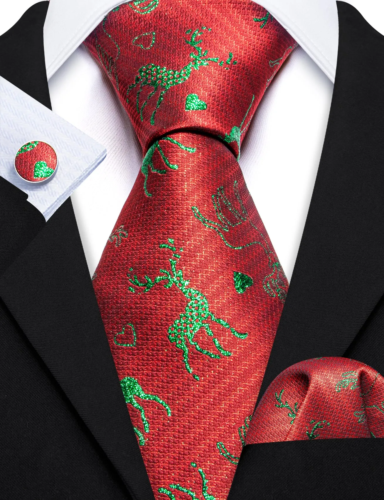 Barry. Wang Christmas Red Necktie Green Reindeer Silk Tie Hanky Cufflinks Set sold by Barrywang product image thumbnail 5