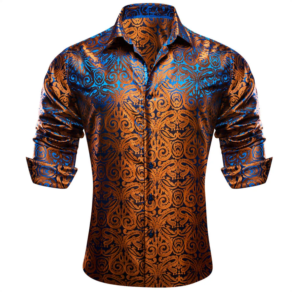 Barry. Wang Mens Copper Paisley Shirt Casual Silk Long Sleeve Button Down Dress Shirt sold by Barrywang