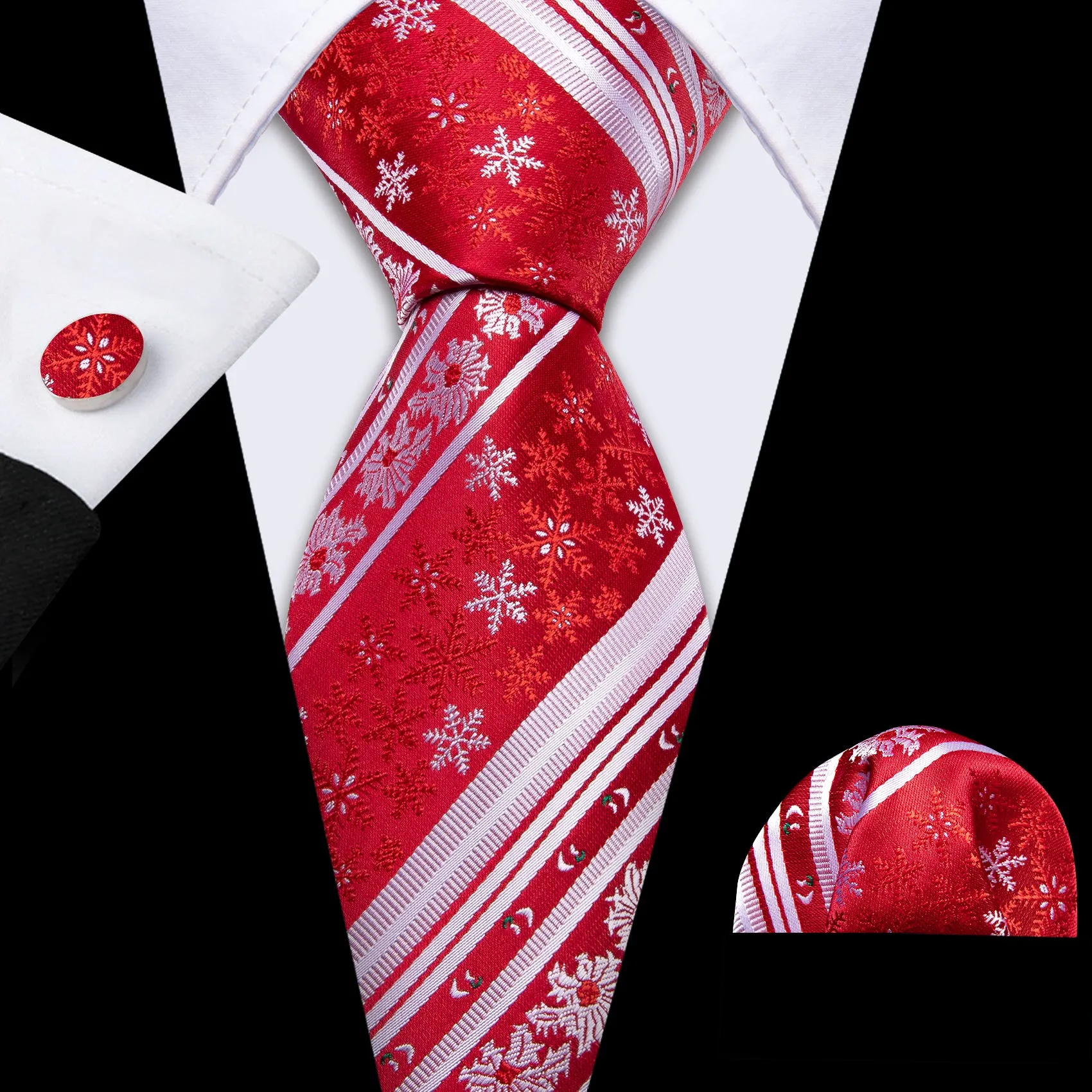 Barry Wang Christmas Red White Xmas Snowflake Tie Hanky Cufflinks Set sold by Barrywang