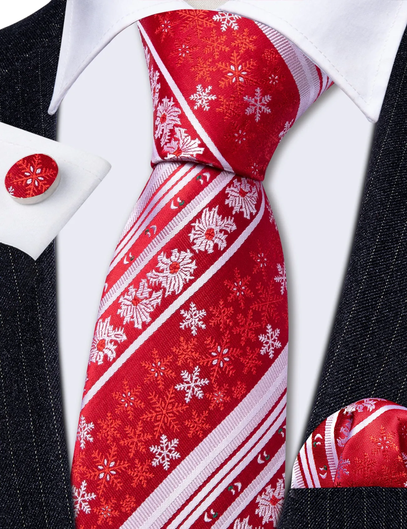 Barry Wang Christmas Red White Xmas Snowflake Tie Hanky Cufflinks Set sold by Barrywang product image thumbnail 5