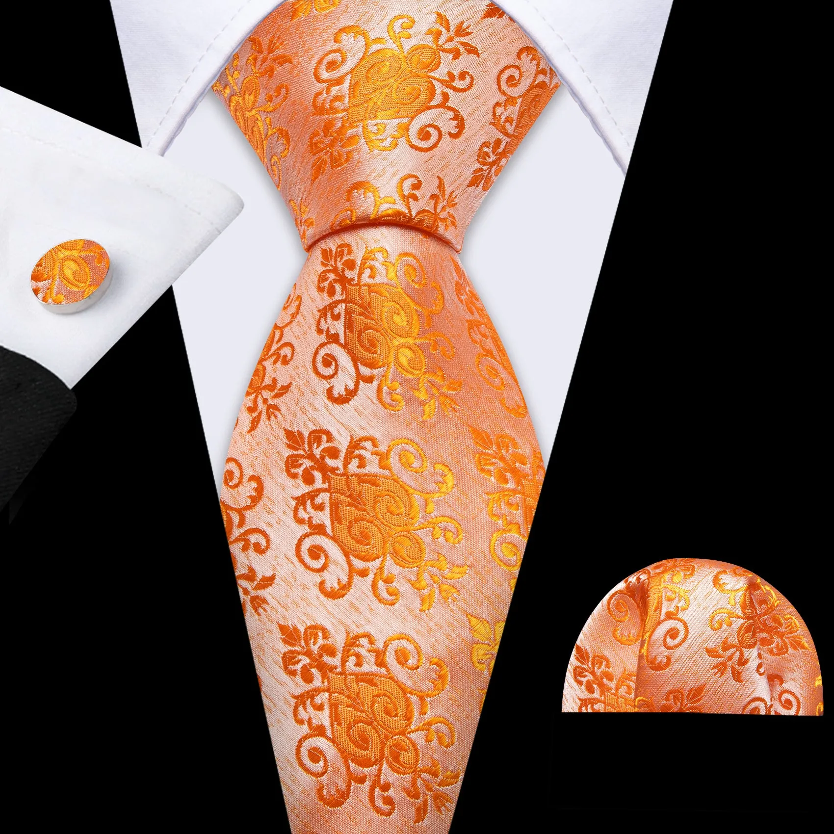 Barry Wang Orange Tie Floral Men's Silk Tie Handkerchief Cufflinks Set sold by Barrywang