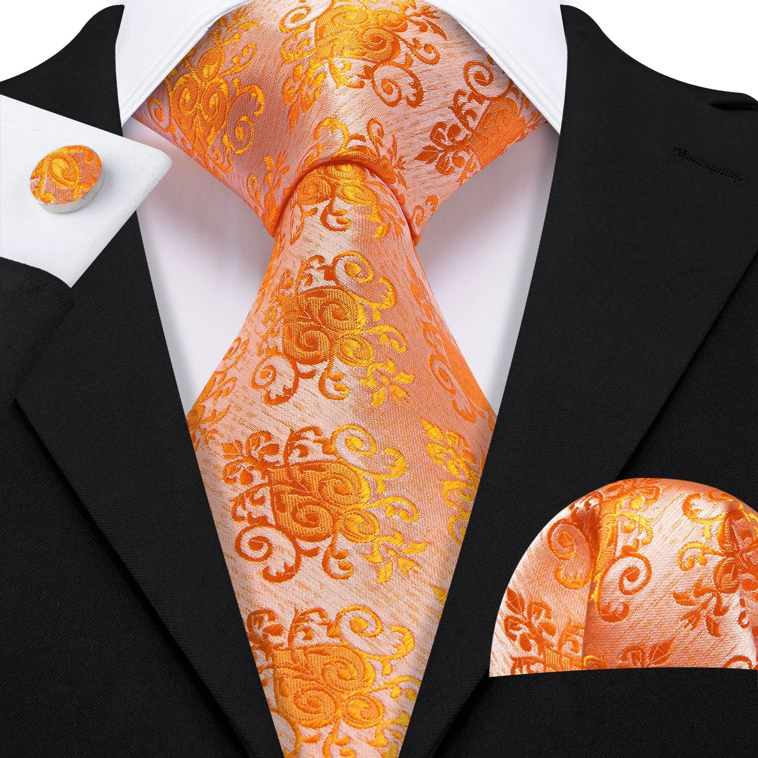 Barry Wang Orange Tie Floral Men's Silk Tie Handkerchief Cufflinks Set sold by Barrywang product image thumbnail 2