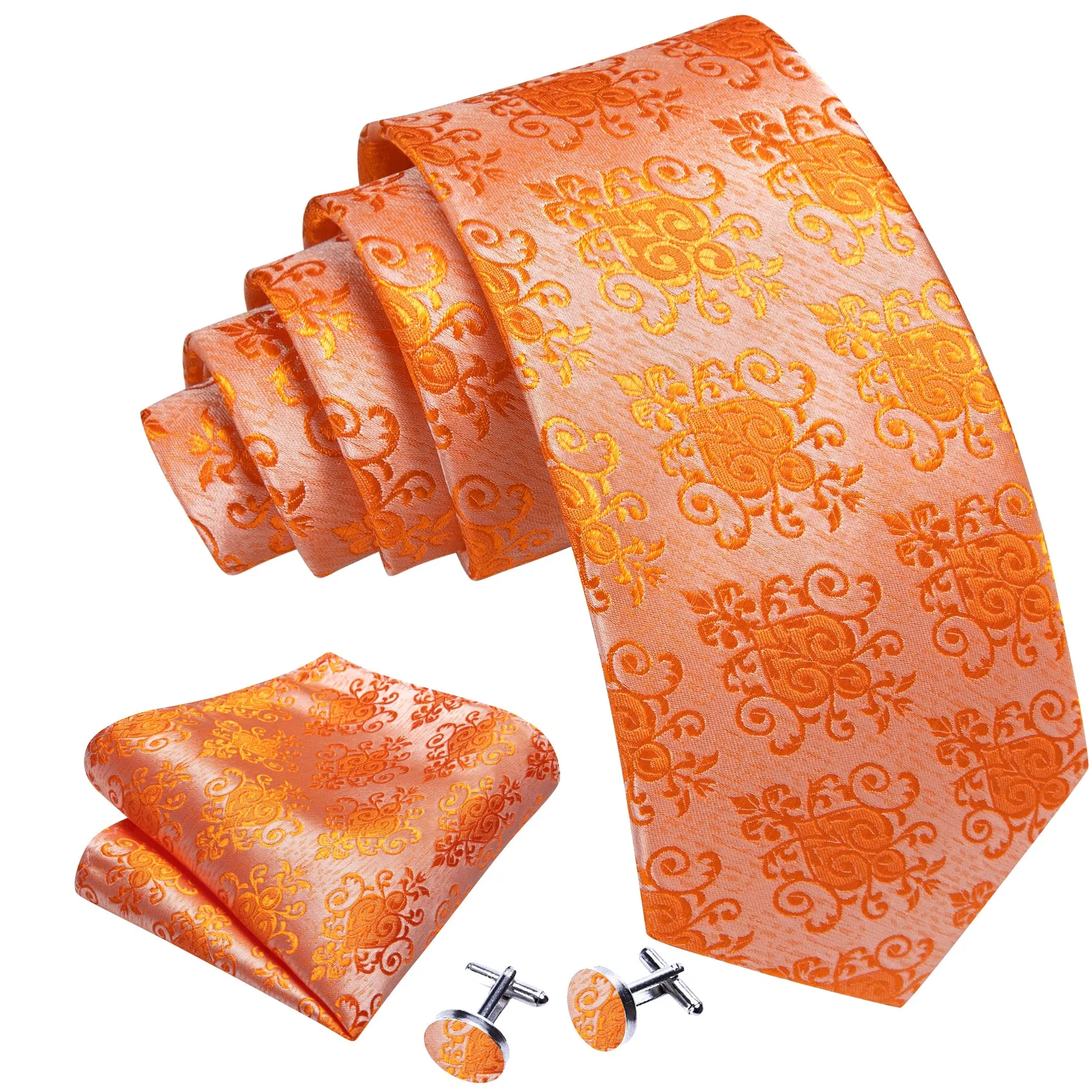Barry Wang Orange Tie Floral Men's Silk Tie Handkerchief Cufflinks Set sold by Barrywang product image thumbnail 3