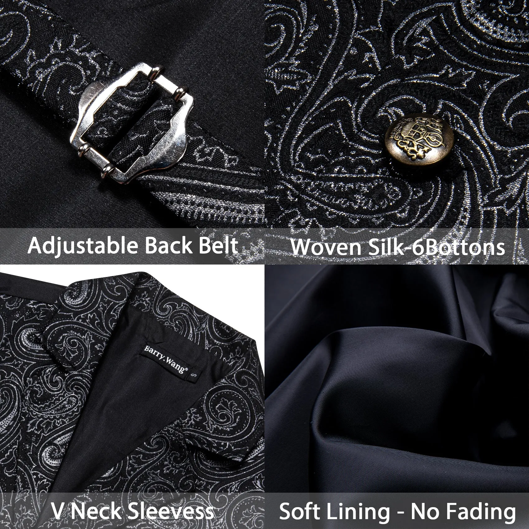 Barry. Wang Mens Black Victorian Suit Vest Silver Paisley Jacquard Tuxedo Waistcoat sold by Barrywang product image thumbnail 5