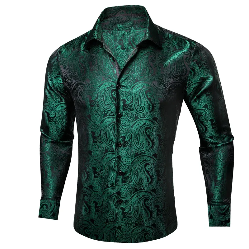 Barry. Wang Mens Hunter Green Dress Shirt Paisley Silk Long Sleeve Button Down Shirt sold by Barrywang