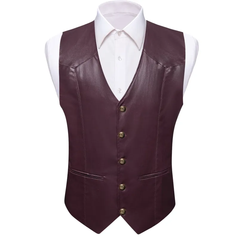 Barry. Wang Wine Leather Suit Vest Casual Western V-Neck Vest Jacket sold by Barrywang
