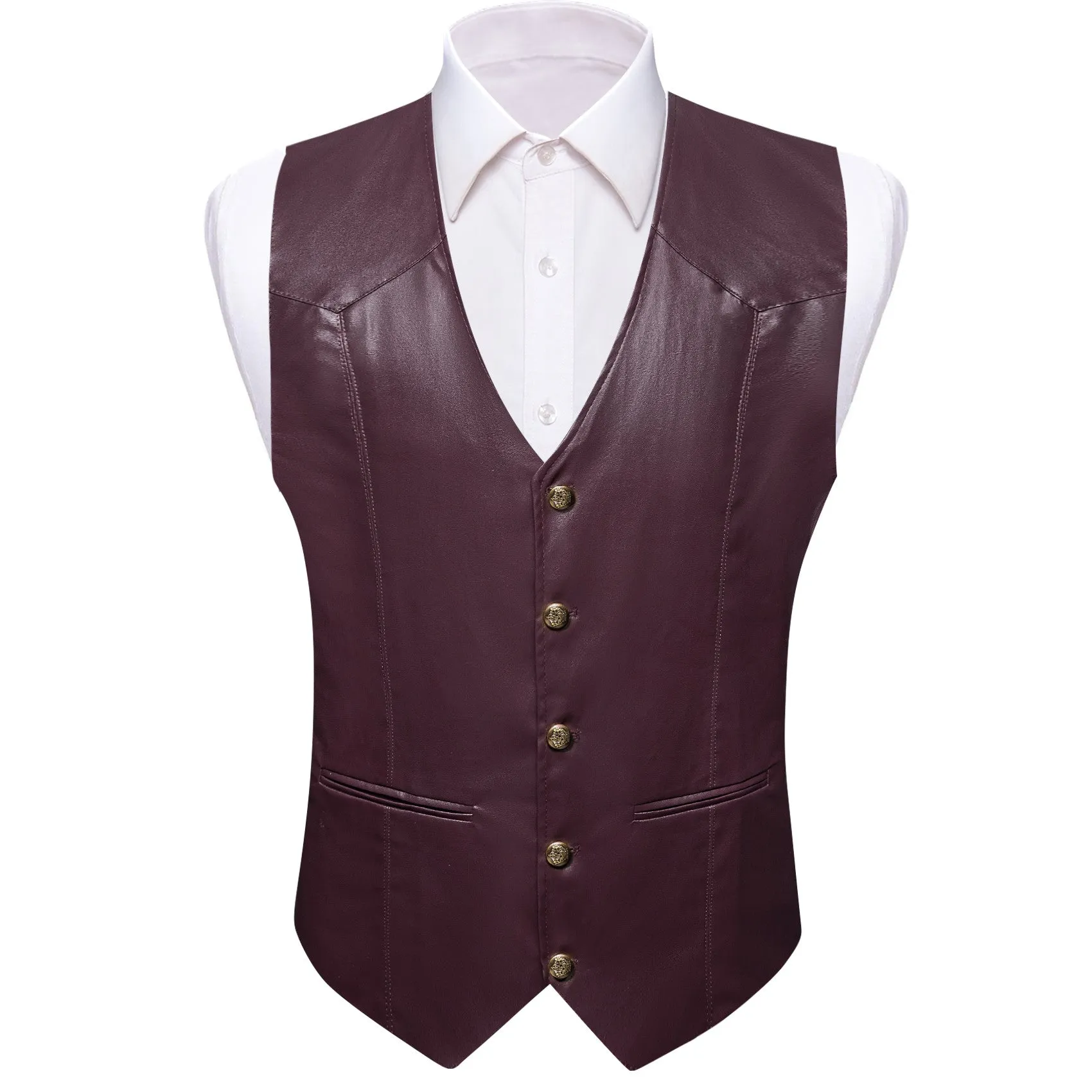 Barry. Wang Wine Leather Suit Vest Casual Western V-Neck Vest Jacket sold by Barrywang