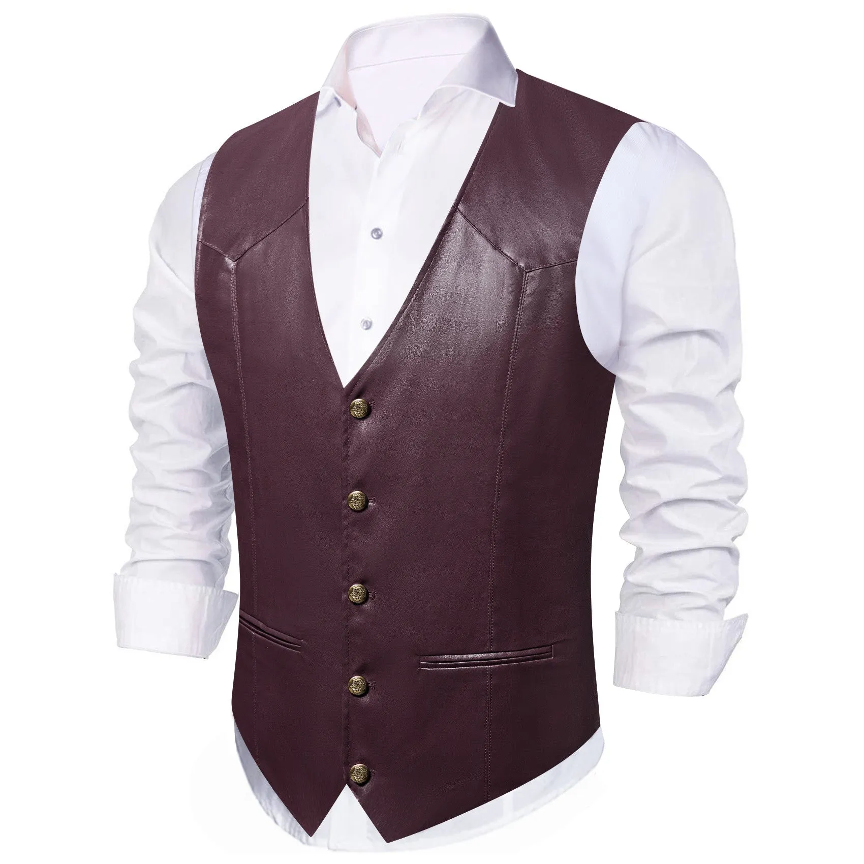 Barry. Wang Wine Leather Suit Vest Casual Western V-Neck Vest Jacket sold by Barrywang product image thumbnail 2